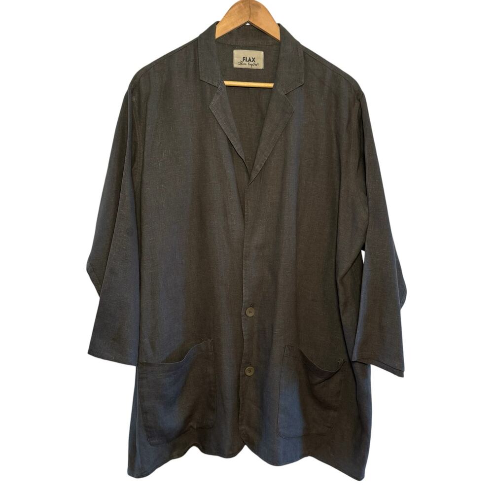 Flax Linen Men's Oversized Olive Green 3/4 Length Sleeves Blazer Jacket Pockets